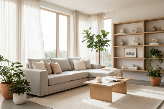 Bright, organized living room with a neutral sofa, wooden coffee table, built-in shelves, indoor plants, and natural sunlight