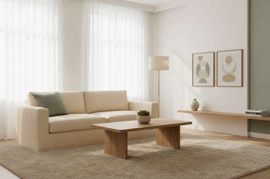 Minimalist living room with cream sofa, wooden coffee table, neutral rug, sage accents, and soft natural light.
