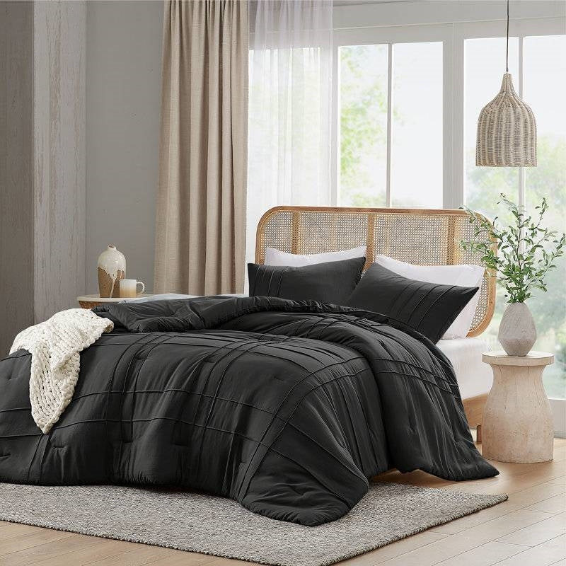 King Size Black Microfiber Comforter Set Pre-Washed Pleated Soft-1