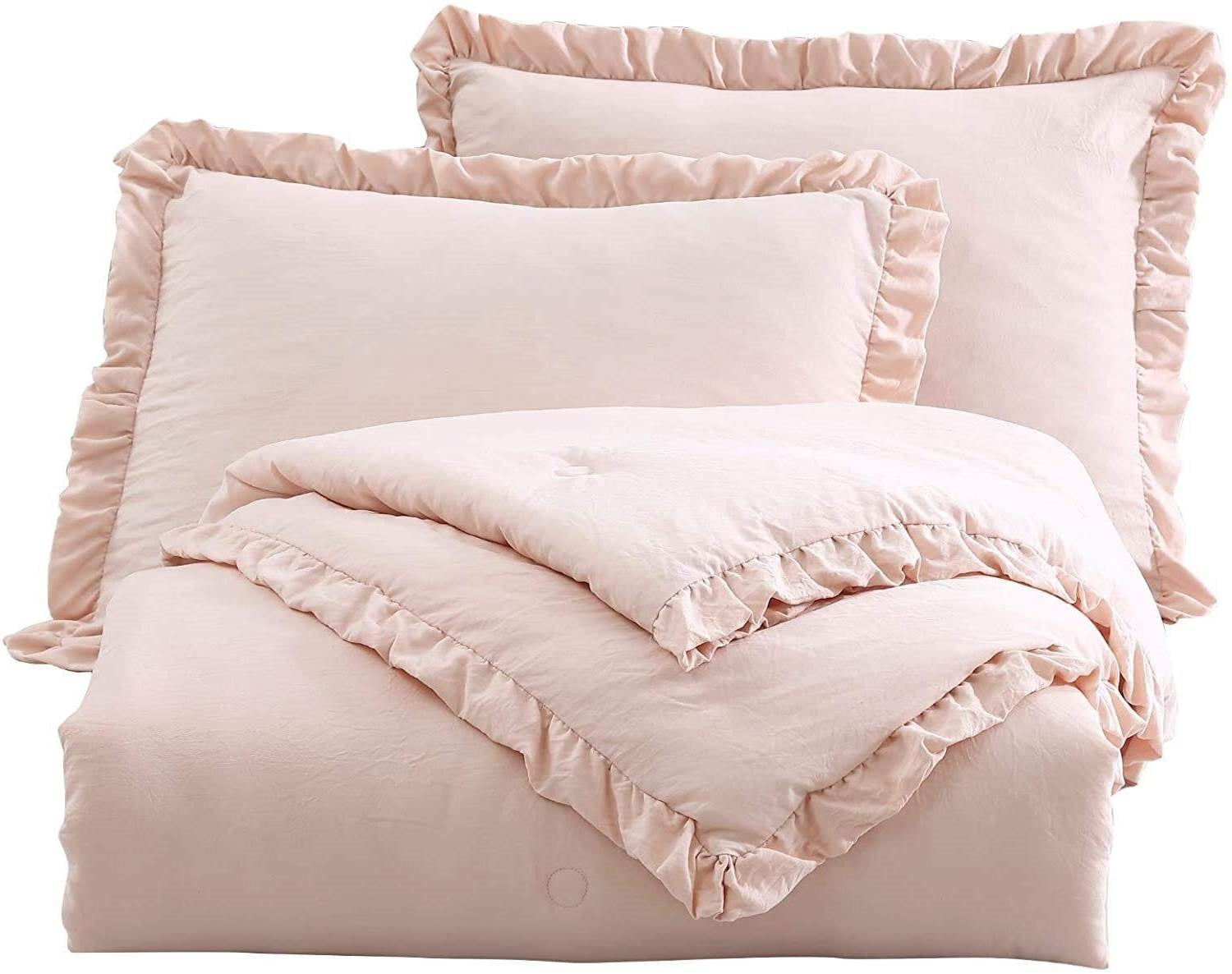 Queen Oversized Pink Ruffled Edge Microfiber Comforter Set Stone Washed-0