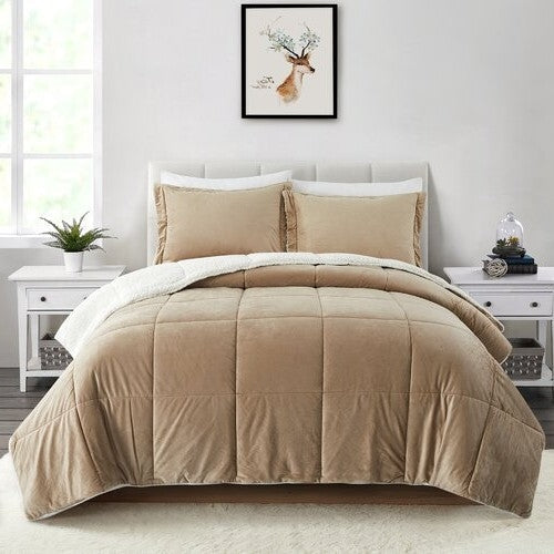 Queen Plush Microfiber Reversible Comforter Set Gold 90x90 Inches-1