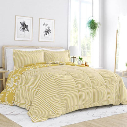 King Size Reversible Yellow Daisy Medallion Striped Comforter Set 3 Piece-1