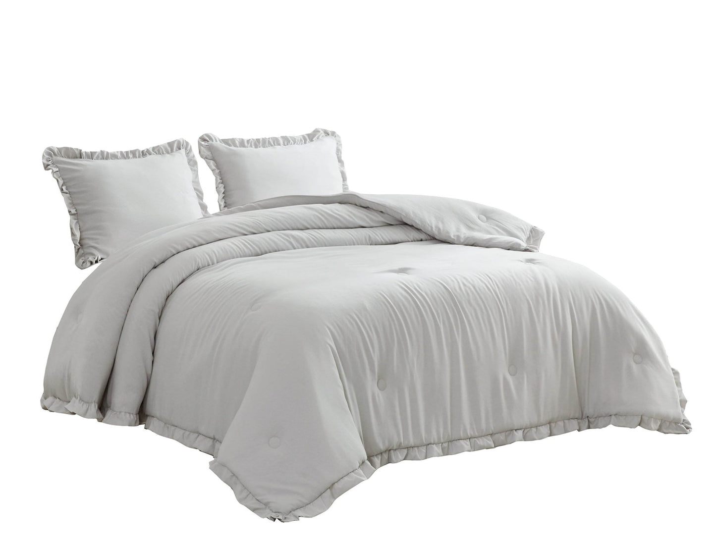 Queen Oversized Grey Microfiber Comforter Set Ruffled Edge Stone Washed-1