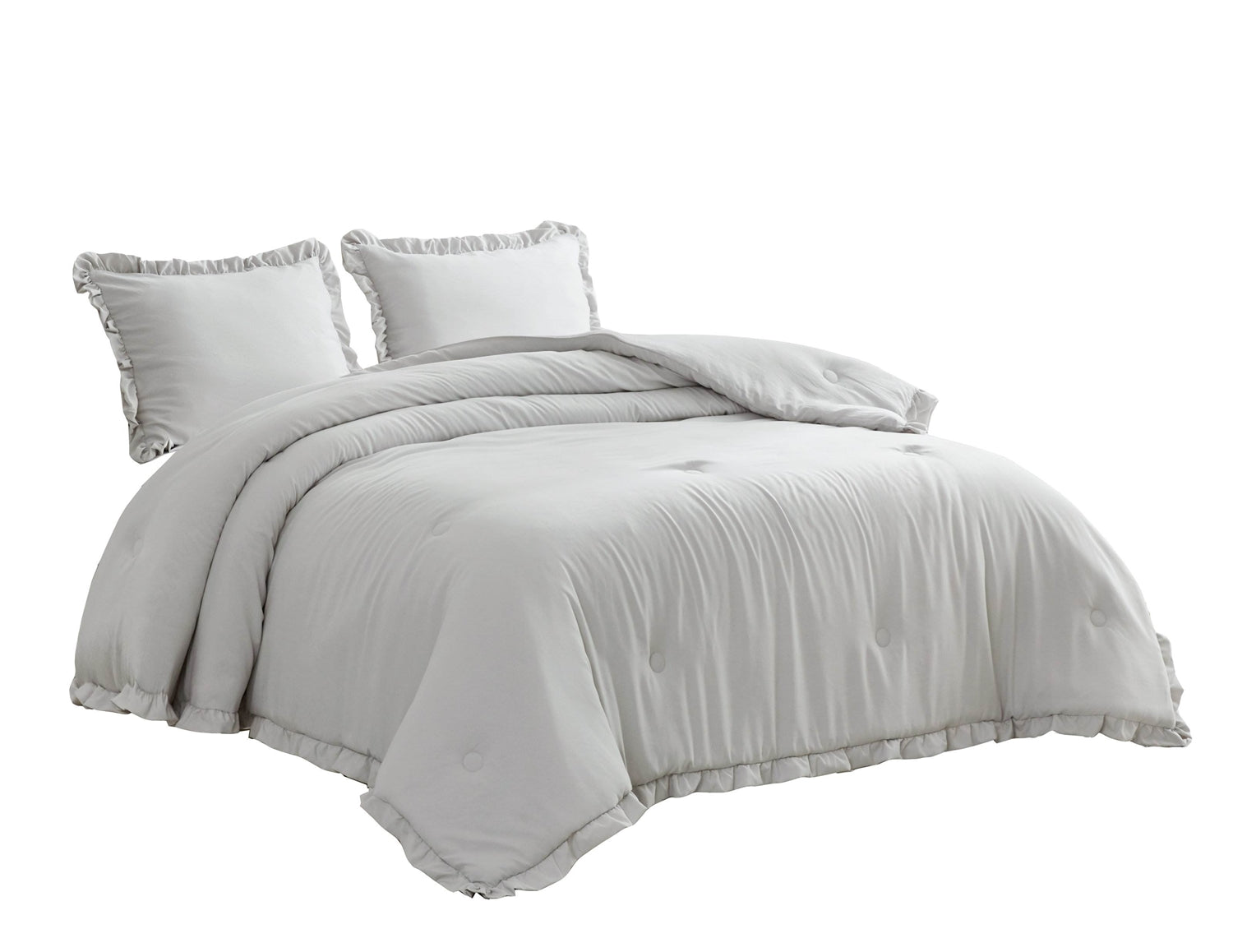 Queen Oversized Grey Microfiber Comforter Set Ruffled Edge Stone Washed-1