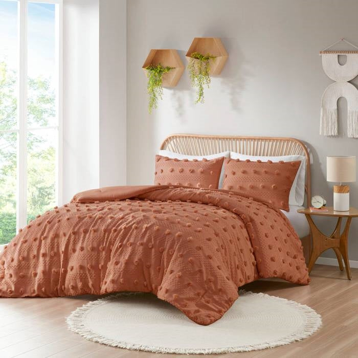 Twin XL Rust Orange Pompom Microfiber Comforter Set 2-Piece Hypoallergenic-1
