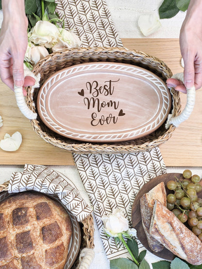 Mom Oval Bread Warmer & Basket Gift Set with Tea Towel Sustainable-3
