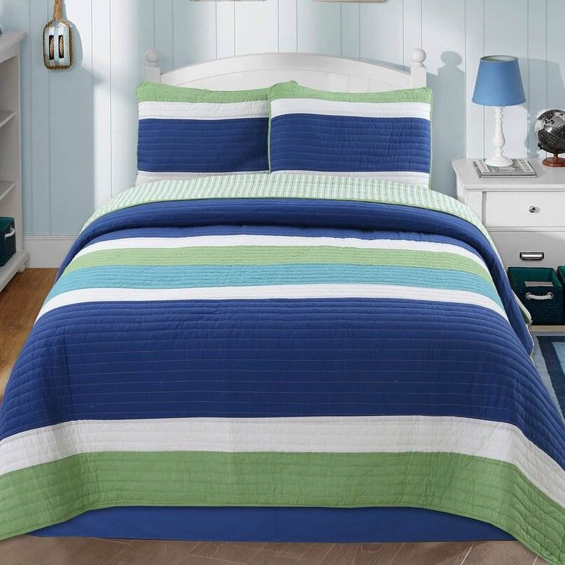 Twin Size 100% Cotton Navy Green Teal White Stripe Quilt Set-0