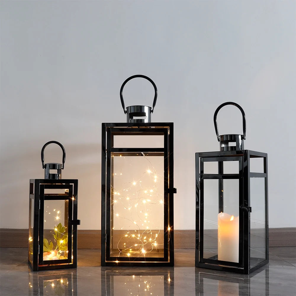 Set of 3 Black Stainless Steel Square Lanterns 12/15/19 Inch-2