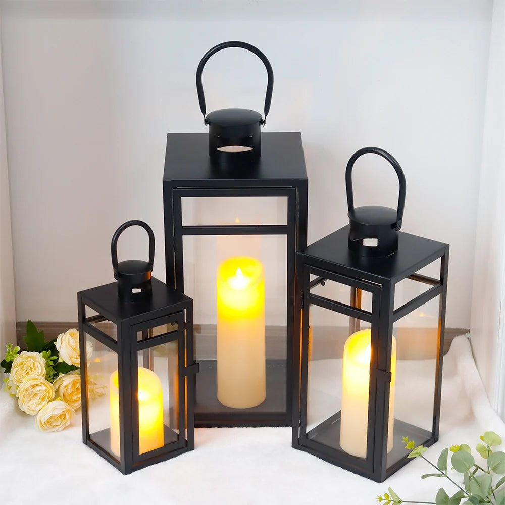 Set of 3 Black Stainless Steel Square Lanterns 12/15/19 Inch-0