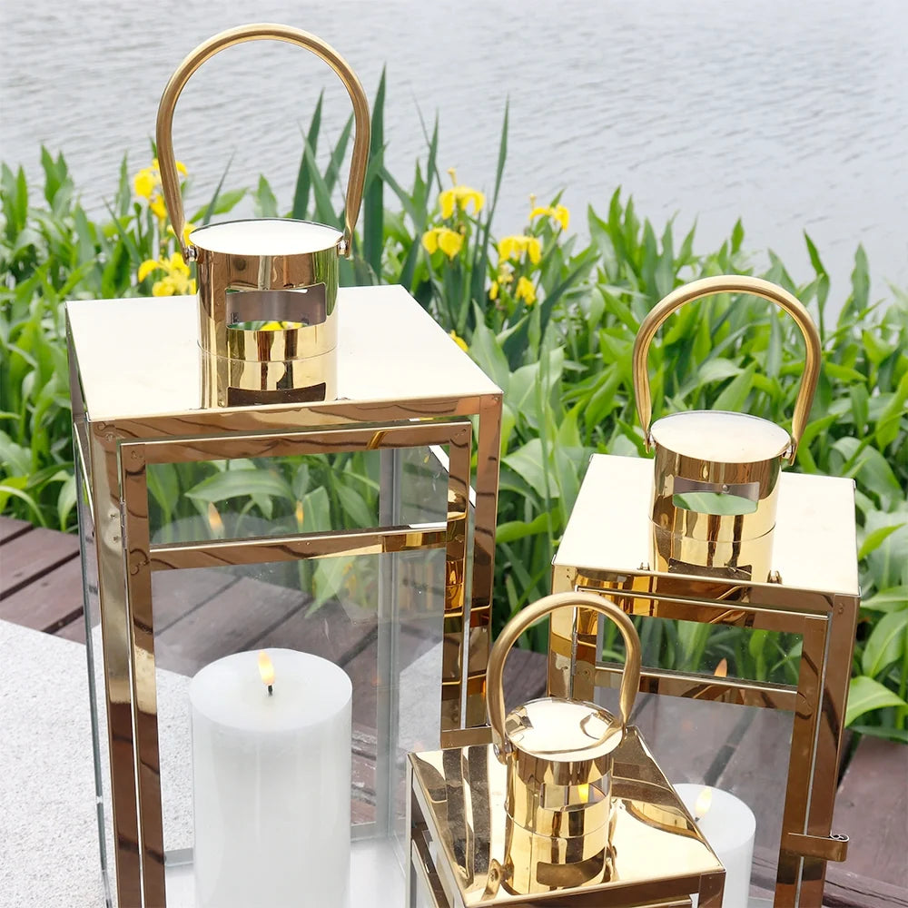 Set of 3 Gold Stainless Steel Square Lanterns 12 15 19 Inches-2