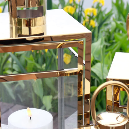 Set of 3 Gold Stainless Steel Square Lanterns 12 15 19 Inches-3