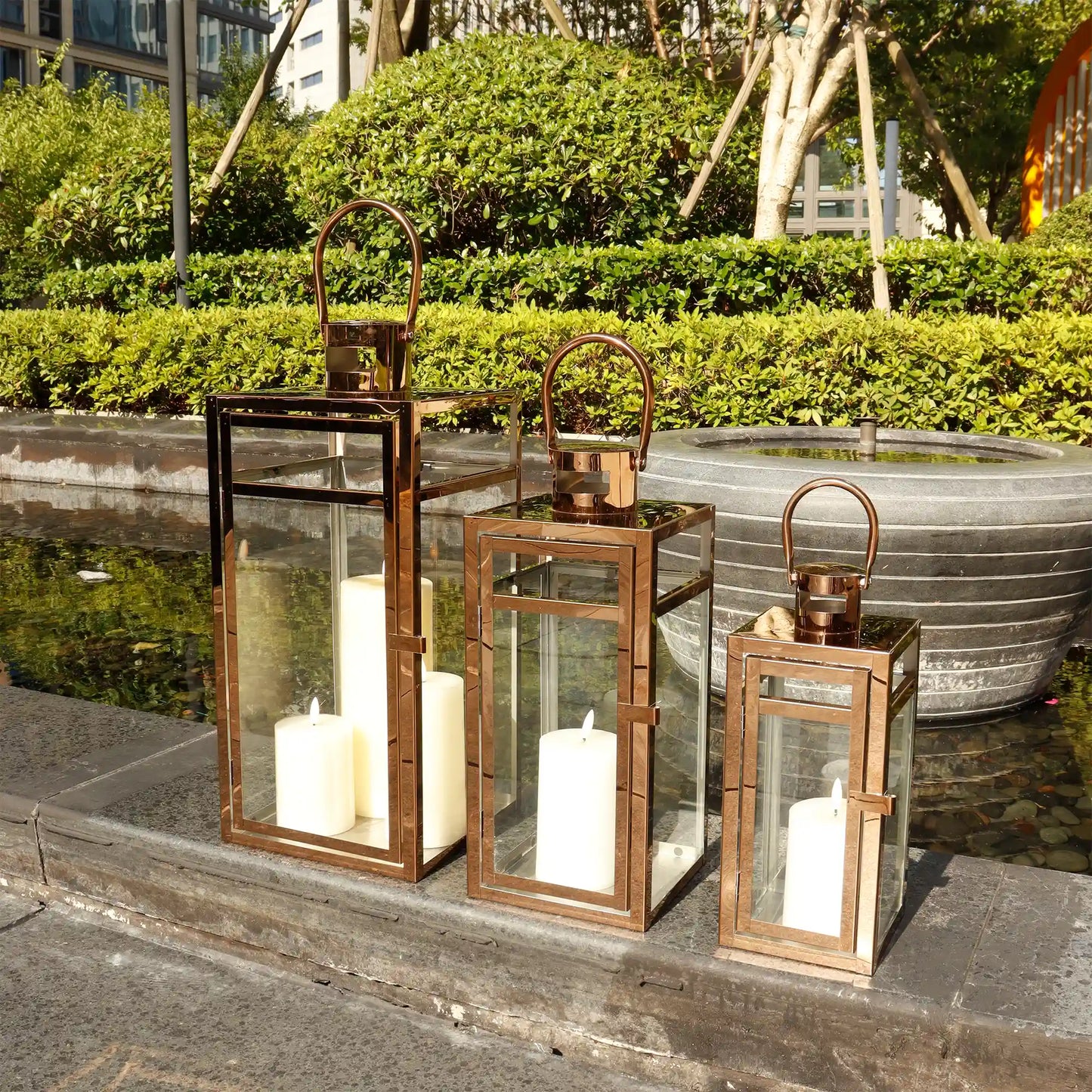 Set of 3 Rose Gold Stainless Steel Lanterns 12 15 19 Inch Square-1
